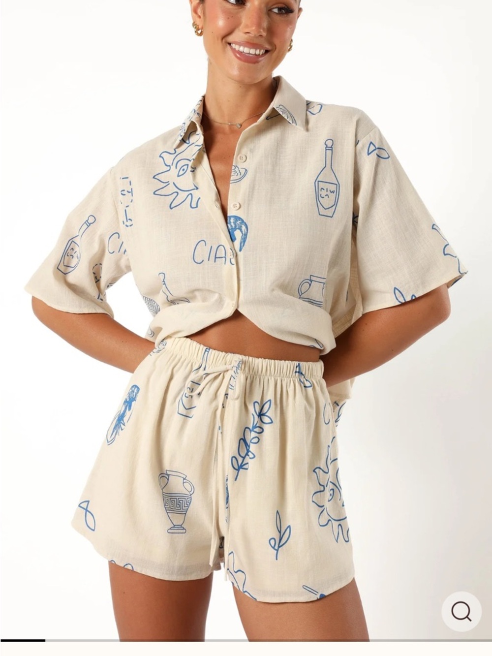 Petal & Pup Beige Two-Piece Beach Coverup Set with Blue Print